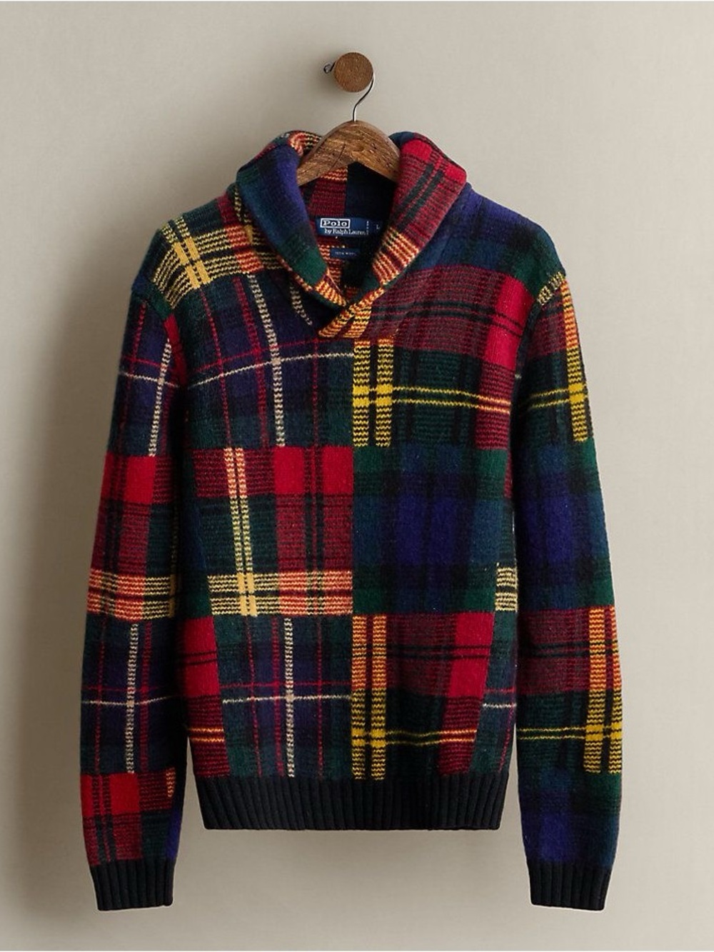 Polo Ralph Lauren Vintage Fall 2005 Shawl Collar Multi Plaid Wool Sweater